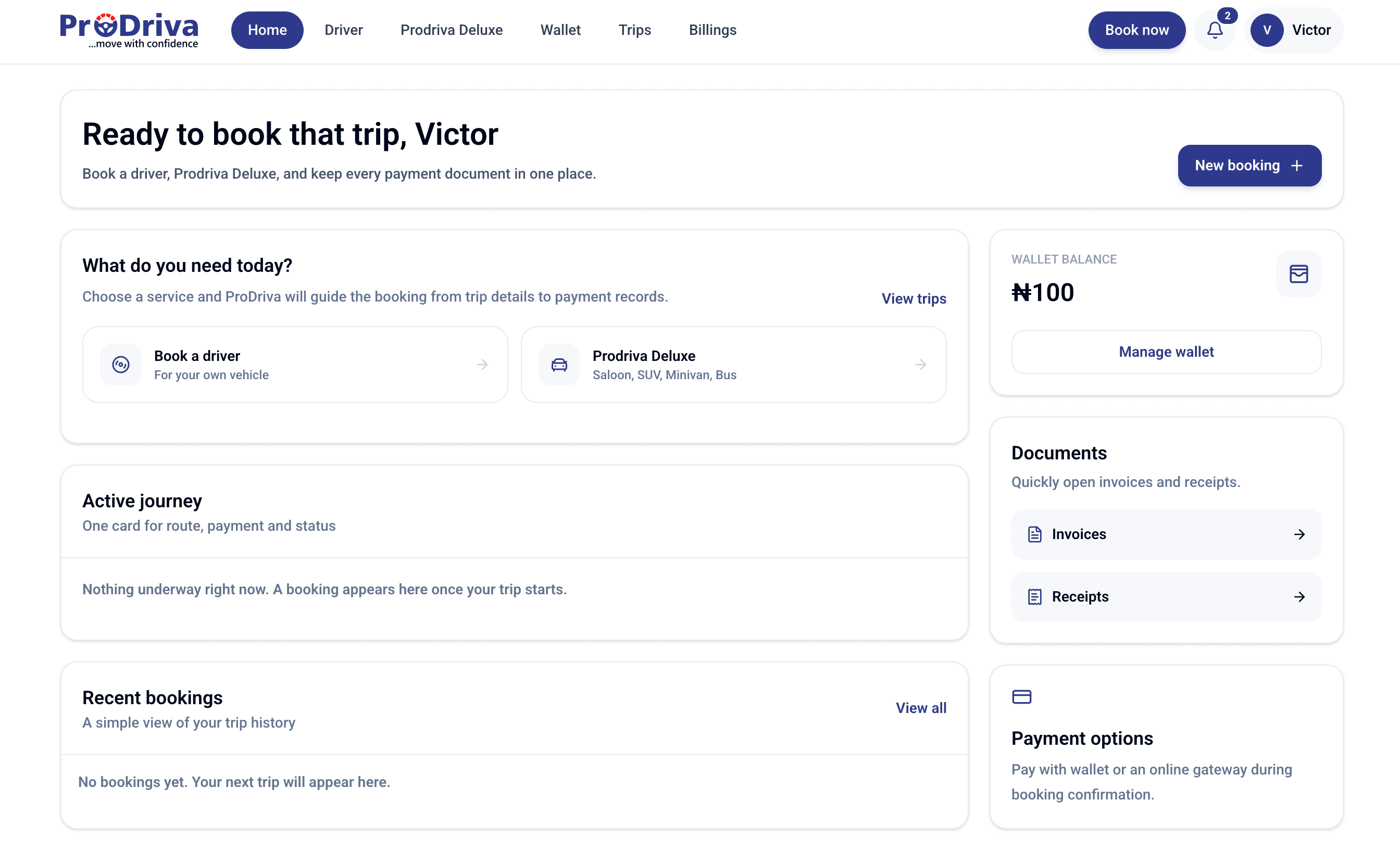 ProDriva customer dashboard showing booking options, wallet balance, active journey, recent bookings, invoices and receipts.